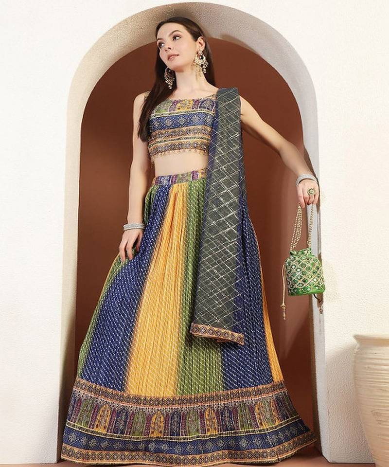 Embellished & Bandini Printed Tasseled Choli Lehanga & Sequinned Dupatta Set