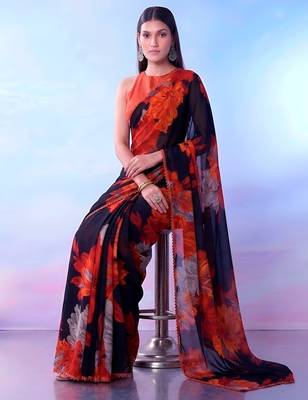 Black weightless marble floral printed with lace border saree 2