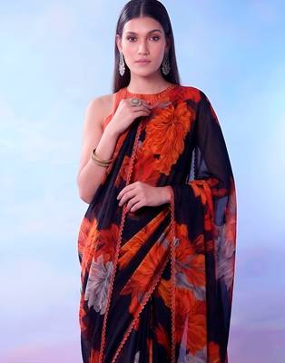 Black weightless marble floral printed with lace border saree 3