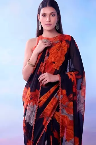 Black weightless marble floral printed with lace border saree