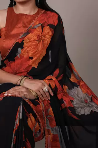 Black weightless marble floral printed with lace border saree