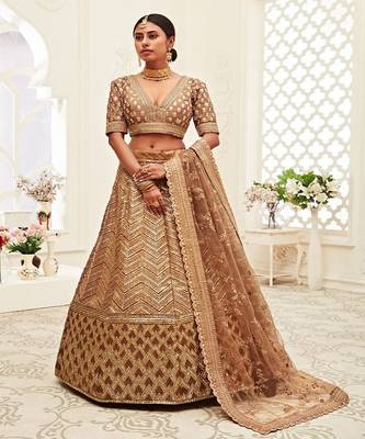 Brown & Gold Toned Embellished Sequinned Semi Stitched Lehenga & Unstitched Blouse With Dupatta 1