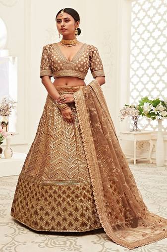 Brown & Gold Toned Embellished Sequinned Semi Stitched Lehenga & Unstitched Blouse With Dupatta