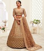 Brown & Gold Toned Embellished Sequinned Semi Stitched Lehenga & Unstitched Blouse With Dupatta