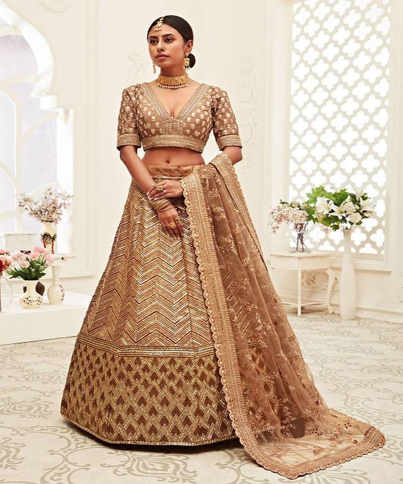 Brown & Gold Toned Embellished Sequinned Semi Stitched Lehenga & Unstitched Blouse With Dupatta