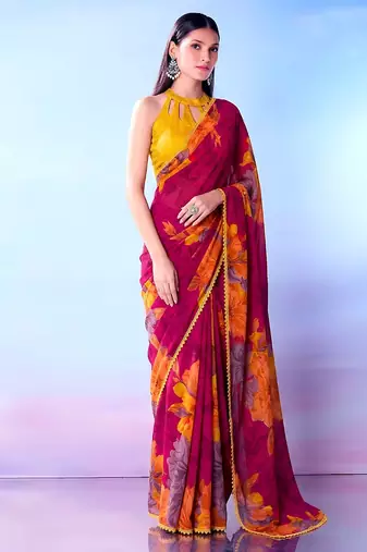 Rust orange weightless marble floral printed with lace border saree