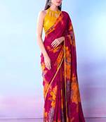 Rust orange weightless marble floral printed with lace border saree