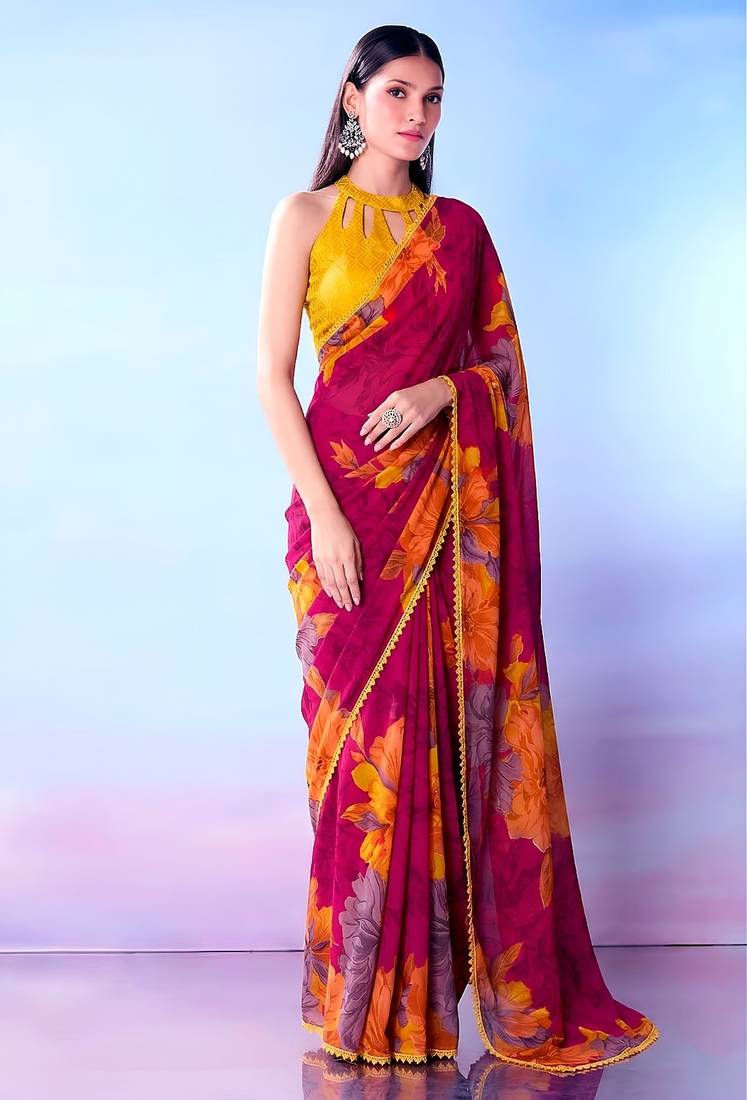Rust orange weightless marble floral printed with lace border saree