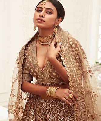 Brown & Gold Toned Embellished Sequinned Semi Stitched Lehenga & Unstitched Blouse With Dupatta 2
