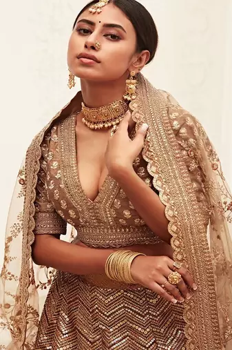 Brown & Gold Toned Embellished Sequinned Semi Stitched Lehenga & Unstitched Blouse With Dupatta