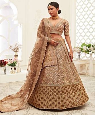 Brown & Gold Toned Embellished Sequinned Semi Stitched Lehenga & Unstitched Blouse With Dupatta 3