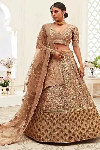 Brown & Gold Toned Embellished Sequinned Semi Stitched Lehenga & Unstitched Blouse With Dupatta
