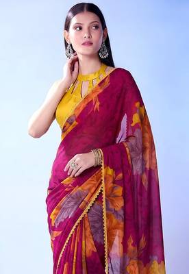 Rust orange weightless marble floral printed with lace border saree 2