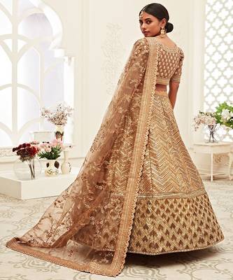 Brown & Gold Toned Embellished Sequinned Semi Stitched Lehenga & Unstitched Blouse With Dupatta 4