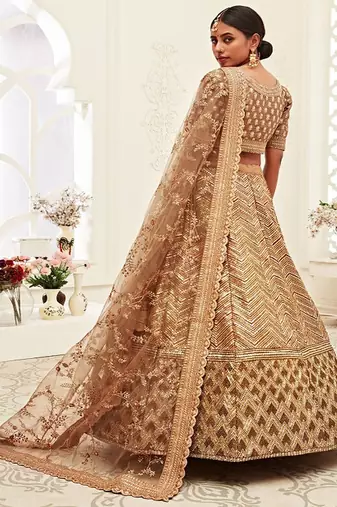 Brown & Gold Toned Embellished Sequinned Semi Stitched Lehenga & Unstitched Blouse With Dupatta
