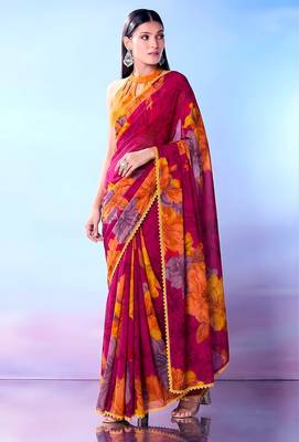 Rust orange weightless marble floral printed with lace border saree 3