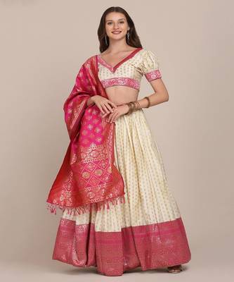 Women White & Pink Semi Stitched Lehenga & Unstitched Blouse With Dupatta 1