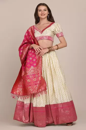 Women White & Pink Semi Stitched Lehenga & Unstitched Blouse With Dupatta