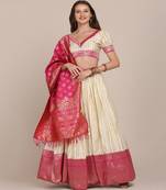 Women White & Pink Semi Stitched Lehenga & Unstitched Blouse With Dupatta