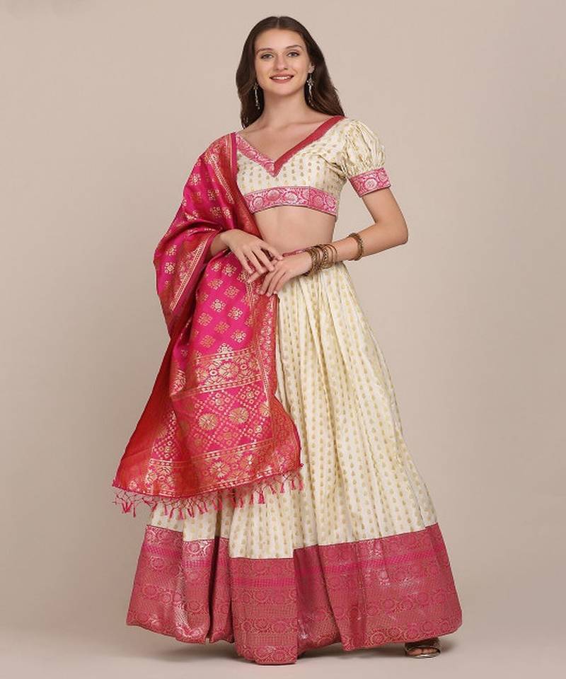 Women White & Pink Semi Stitched Lehenga & Unstitched Blouse With Dupatta