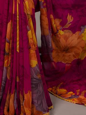 Rust orange weightless marble floral printed with lace border saree 4