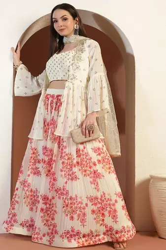 Floral Printed & Embroidered Indo Western Lehenga Choli With Scalloped Jacket