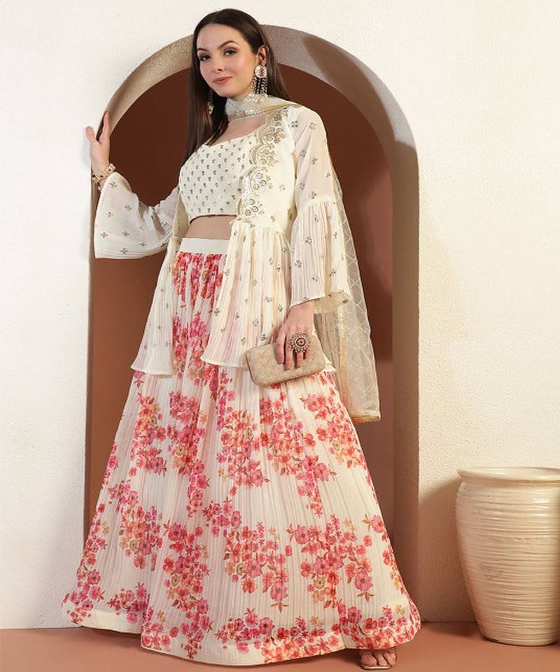 Floral Printed & Embroidered Indo Western Lehenga Choli With Scalloped Jacket