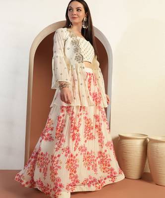 Floral Printed & Embroidered Indo Western Lehenga Choli With Scalloped Jacket 3