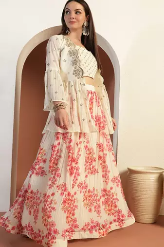 Floral Printed & Embroidered Indo Western Lehenga Choli With Scalloped Jacket