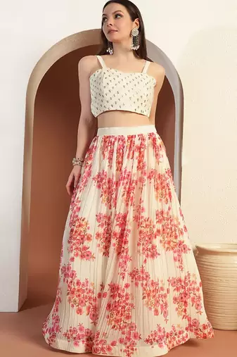 Floral Printed & Embroidered Indo Western Lehenga Choli With Scalloped Jacket