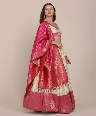 Women White & Pink Semi Stitched Lehenga & Unstitched Blouse With Dupatta 4