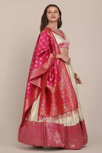 Women White & Pink Semi Stitched Lehenga & Unstitched Blouse With Dupatta