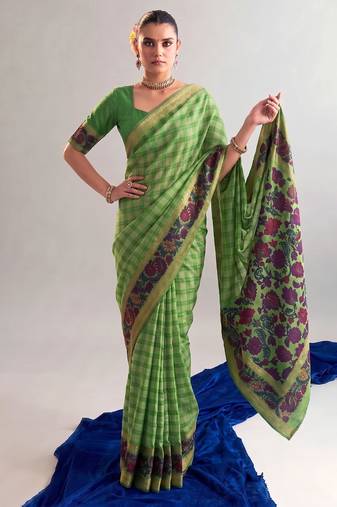 Parrot green viscose chanderi printed & zari weaving work saree