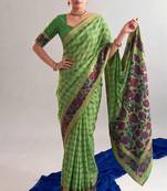 Parrot green viscose chanderi printed & zari weaving work saree