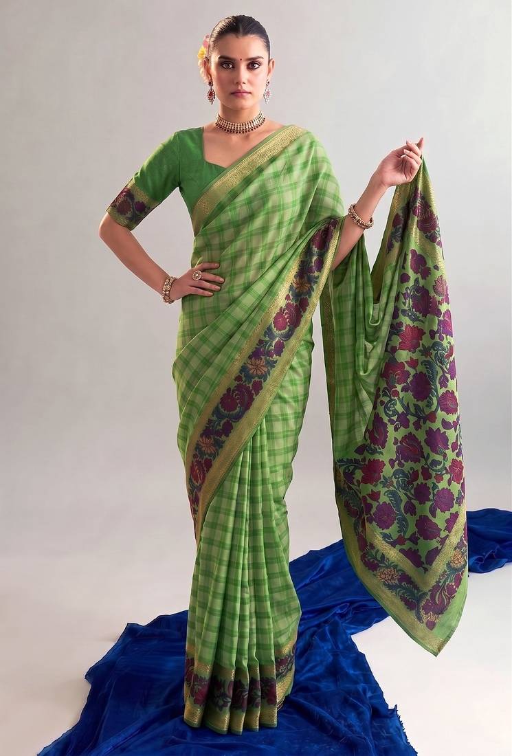 Parrot green viscose chanderi printed & zari weaving work saree