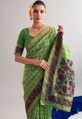 Parrot green viscose chanderi printed & zari weaving work saree 2