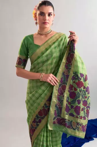 Parrot green viscose chanderi printed & zari weaving work saree