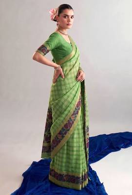Parrot green viscose chanderi printed & zari weaving work saree 3