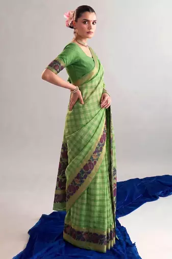Parrot green viscose chanderi printed & zari weaving work saree