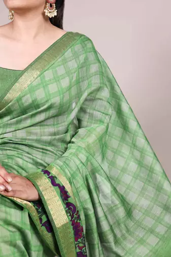 Parrot green viscose chanderi printed & zari weaving work saree