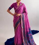 Pink viscose chanderi printed & zari weaving work saree