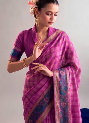 Pink viscose chanderi printed & zari weaving work saree 2