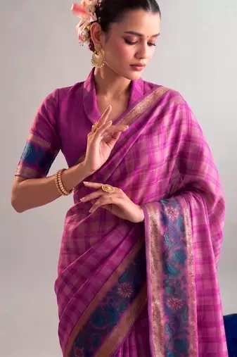 Pink viscose chanderi printed & zari weaving work saree