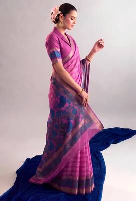 Pink viscose chanderi printed & zari weaving work saree 3
