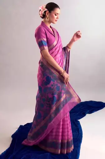 Pink viscose chanderi printed & zari weaving work saree