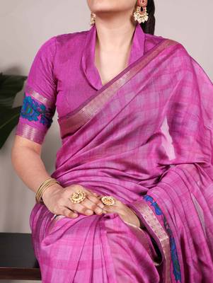Pink viscose chanderi printed & zari weaving work saree 4