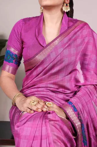 Pink viscose chanderi printed & zari weaving work saree