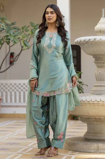 Turquoise blue embroidered japan satin stitched kurti set with dupatta & patiyala pant