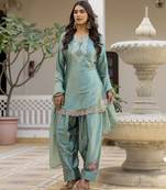 Turquoise blue embroidered japan satin stitched kurti set with dupatta & patiyala pant