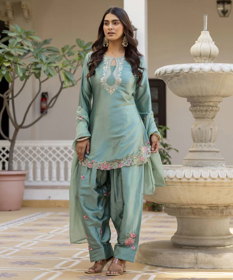 Turquoise blue embroidered japan satin stitched kurti set with dupatta & patiyala pant